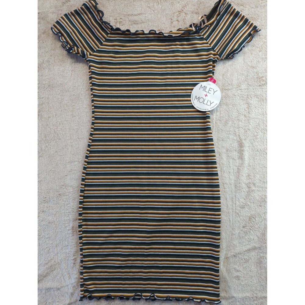 Miley + Molly Womens Knit Dress Striped Off Shoulder Ruffle Trim Green Multi L